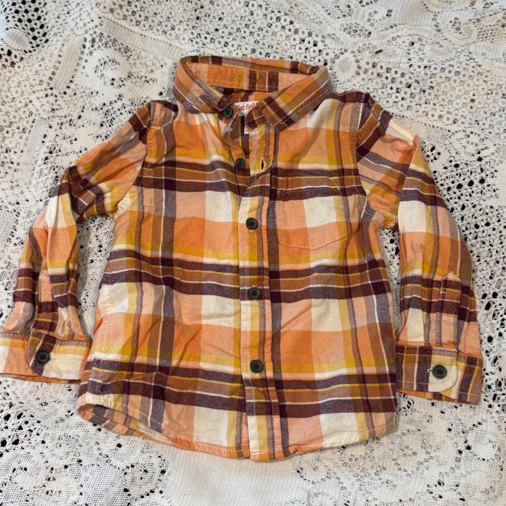 Cat & Jack 18M Plaid Button Up Shirt Toddler Orange Brown Long Sleeve